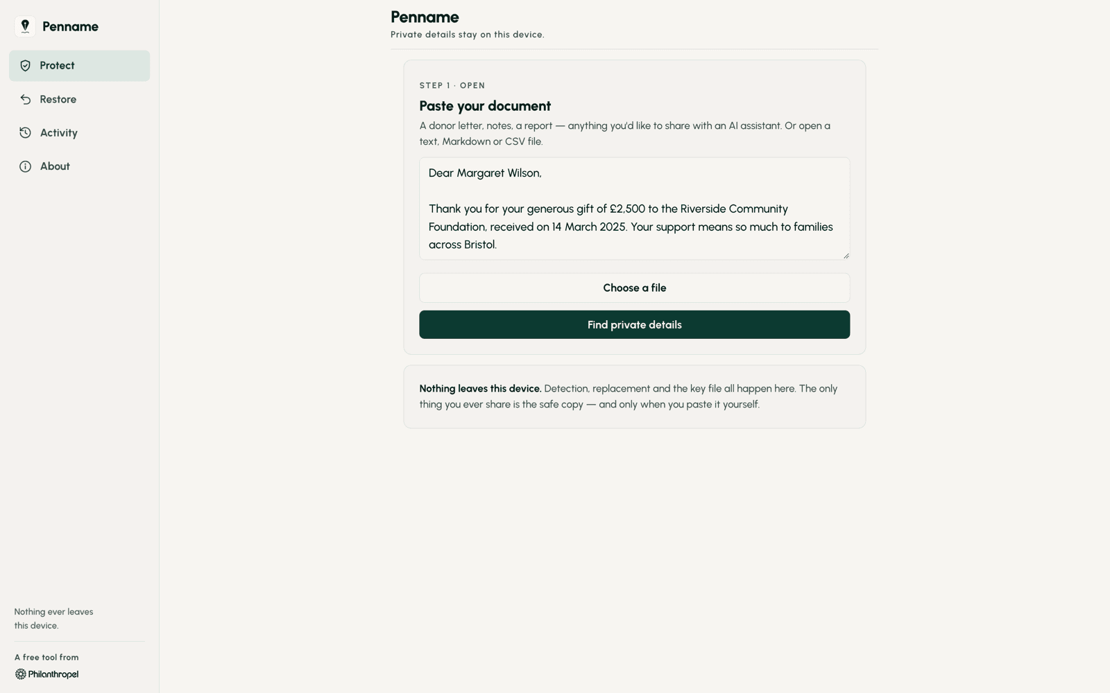 Penname on a Mac, with a donor letter pasted in, ready to find private details